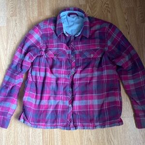 Columbia woman’s flannel snap closure 4 pockets large pink gray